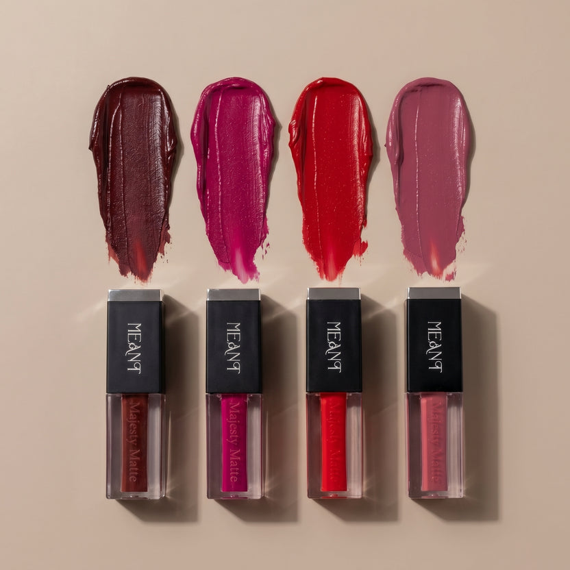 Four matte liquid lipsticks with shade swatches on a beige background