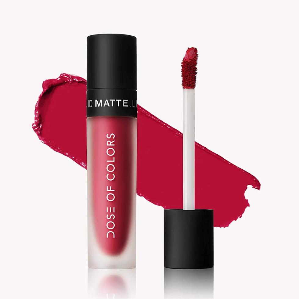 Red matte liquid lipstick tube with applicator and swatch