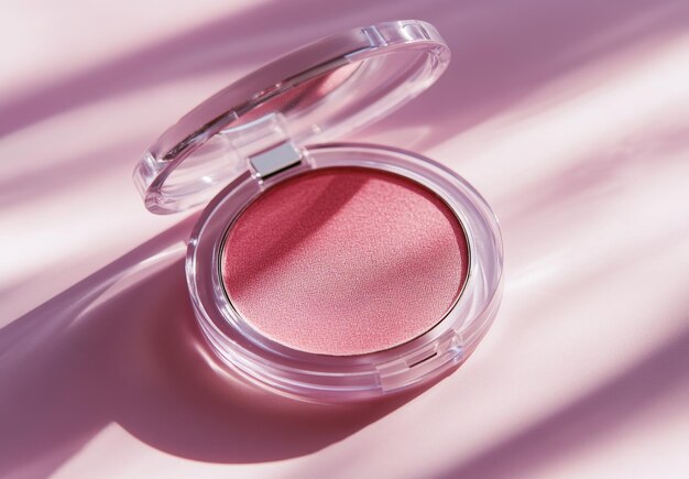 Pressed powder blush compact in a rosy pink shade
