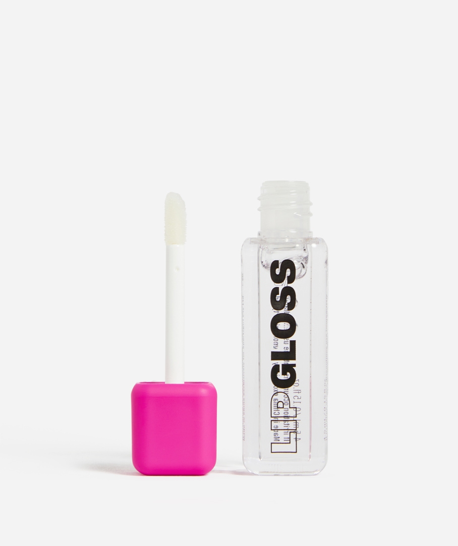 Bright pink lip gloss in a square clear bottle